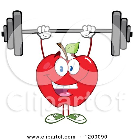 Cartoon of a Happy Strong Red Apple Mascot Lifting a Barbell - Royalty Free Vector Clipart by Hit Toon