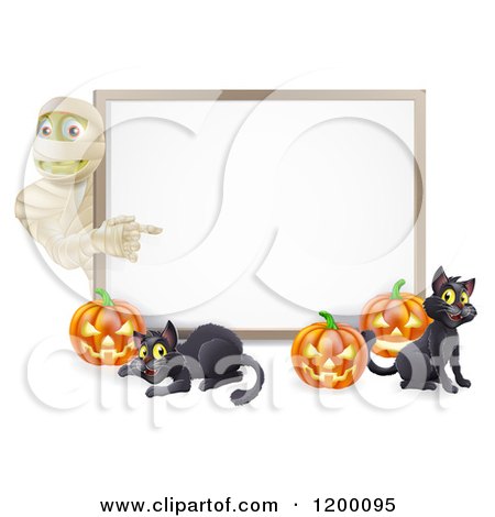 Cartoon of a Halloween Mummy Pumpkins and Black Cats Around a White Sign - Royalty Free Vector Clipart by AtStockIllustration