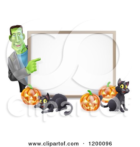 Cartoon of a Happy Frankenstein with Cats and Halloween Pumpkins Around a White Sign - Royalty Free Vector Clipart by AtStockIllustration