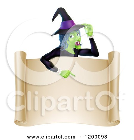 Cartoon of a Green Halloween Witch Poinging down to a Scroll Sign - Royalty Free Vector Clipart by AtStockIllustration