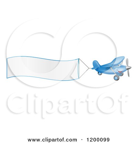 Cartoon of a Small Blue Airplane with a Trailing Blank Banner - Royalty Free Vector Clipart by AtStockIllustration
