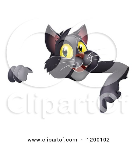 Cartoon of a Black Cat Pointing down at a Sign - Royalty Free Vector Clipart by AtStockIllustration