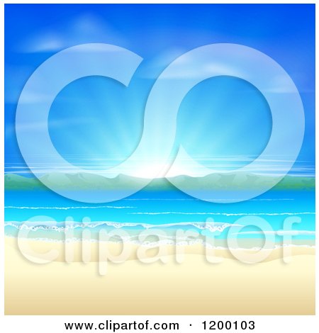 Clipart of a Blue Sunrise over a Beach with White Sands, Mountains and Blue Water - Royalty Free Vector Illustration by AtStockIllustration