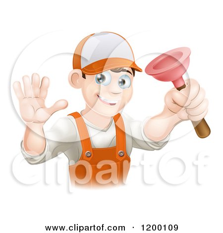 Cartoon of a Friendly Young Brunette Plumber Holding a Plunger and Waving - Royalty Free Vector Clipart by AtStockIllustration