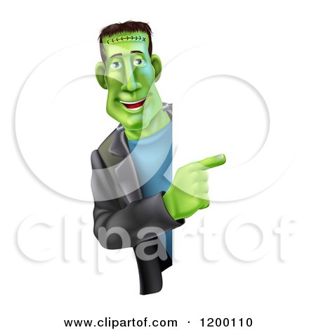 Cartoon of a Smiling Frankenstein Looking Around and Pointing to a Sign - Royalty Free Vector Clipart by AtStockIllustration