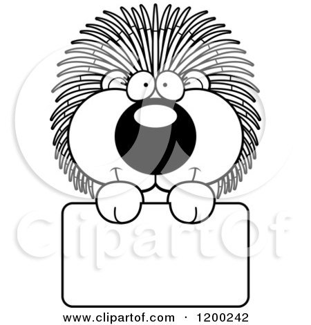 Cartoon of a Black And White Cute Happy Porcupine over a Sign - Royalty Free Vector Clipart by Cory Thoman