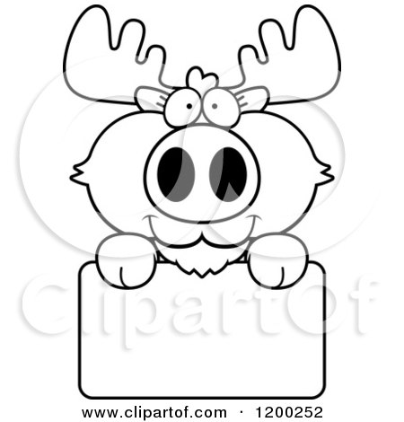 Cartoon of a Black And White Cute Moose Calf over a Sign - Royalty Free Vector Clipart by Cory Thoman