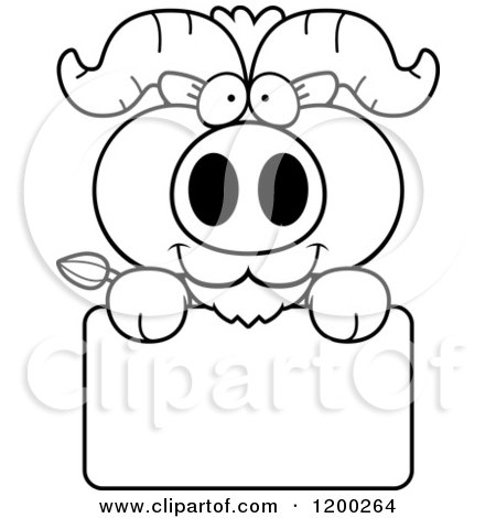 Cartoon of a Black and White Cute Ox Calf over a Sign - Royalty Free Vector Clipart by Cory Thoman