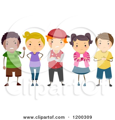 Cartoon of a Group of Diverse Bully Children with Mean Expressions - Royalty Free Vector Clipart by BNP Design Studio
