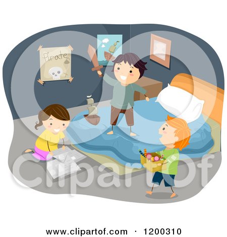 Cartoon of Happy Caucasian Children Playing Pirates in a Bedroom - Royalty Free Vector Clipart by BNP Design Studio