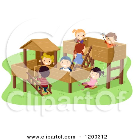 Cartoon of a Group of Happy Diverse Children Playing on a Wood Park Playground - Royalty Free Vector Clipart by BNP Design Studio