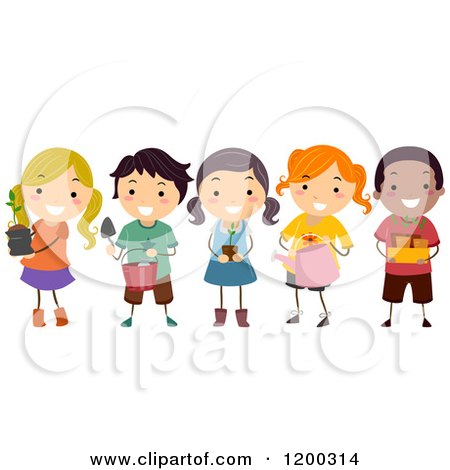 Cartoon of a Group of Happy Diverse Children with Gardening Tools and Plants - Royalty Free Vector Clipart by BNP Design Studio