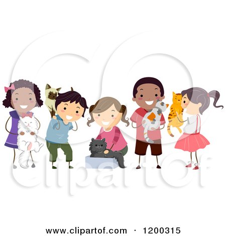 Cartoon of a Group of Happy Diverse Children with Pet Cats - Royalty Free Vector Clipart by BNP Design Studio
