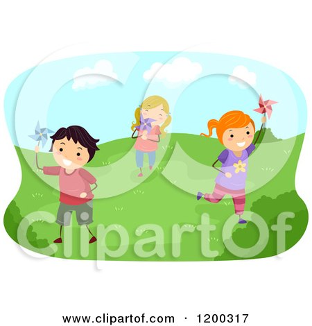 Cartoon of Happy Children Running with Pinwheels on a Sunny Day - Royalty Free Vector Clipart by BNP Design Studio