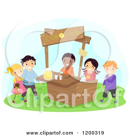 Cartoon of a Group of Happy Children Selling Lemonade at a Stand - Royalty Free Vector Clipart by BNP Design Studio
