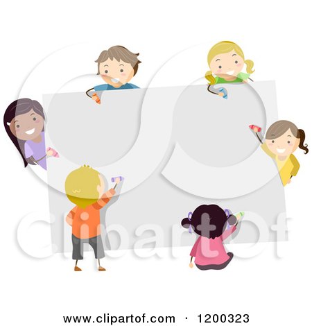 Cartoon of a Group of Happy Diverse Children Coloring a Board - Royalty Free Vector Clipart by BNP Design Studio