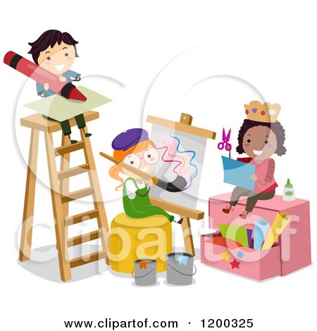 Cartoon of Arts and Crafts Children by a Ladder - Royalty Free Vector Clipart by BNP Design Studio