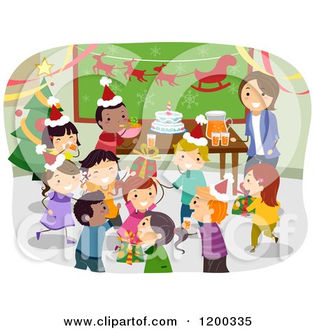 Cartoon of a Female Teacher and Happy Diverse School Children Having a Classroom Christmas Party - Royalty Free Vector Clipart by BNP Design Studio