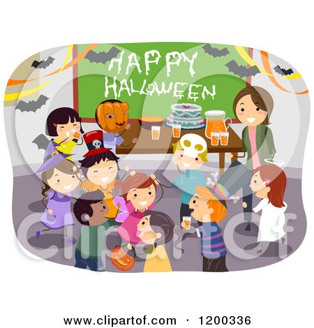 Cartoon of a Female Teacher and Happy Diverse School Children Having a Classroom Halloween Party - Royalty Free Vector Clipart by BNP Design Studio