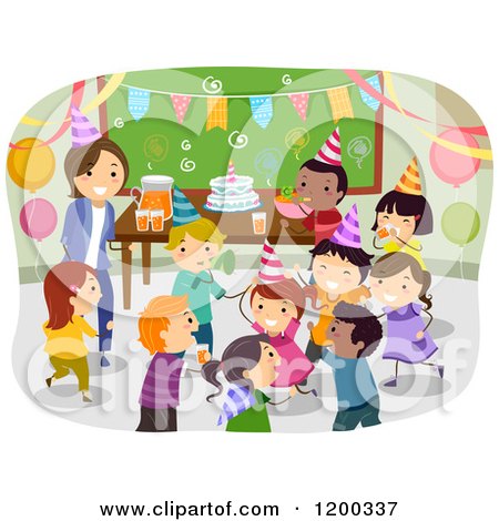Cartoon of a Female Teacher and Happy Diverse School Children Having a Classroom Birthday Party - Royalty Free Vector Clipart by BNP Design Studio
