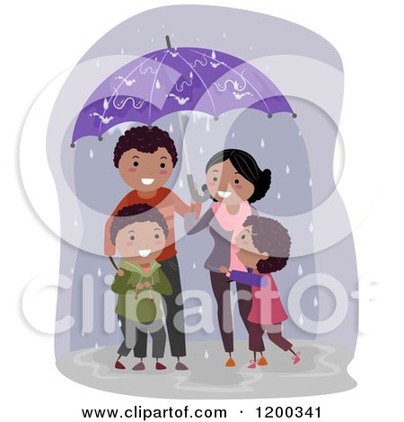 Cartoon of a Happy Black Family Standing Under an Umbrella in the Rain - Royalty Free Vector Clipart by BNP Design Studio