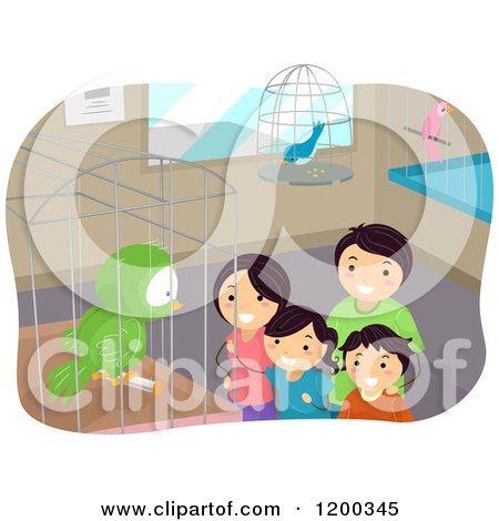Cartoon of a Happy Family Looking at Birds at a Pet Store - Royalty Free Vector Clipart by BNP Design Studio