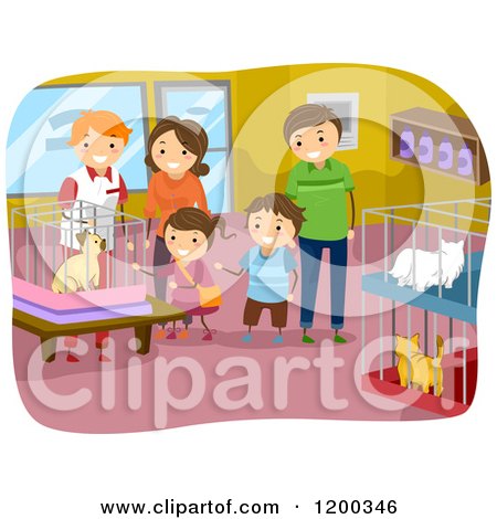 Cartoon of a Happy Family Looking at Cats in a Pet Shop - Royalty Free Vector Clipart by BNP Design Studio