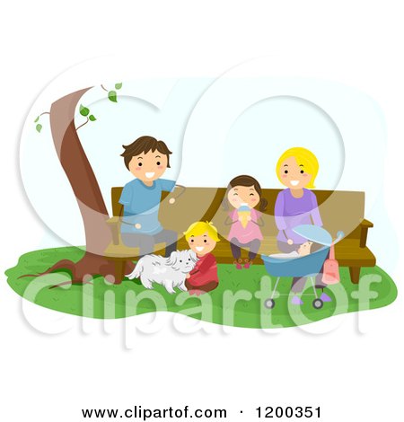 Cartoon of a Happy Family Relaxing at a Park Bench - Royalty Free Vector Clipart by BNP Design Studio