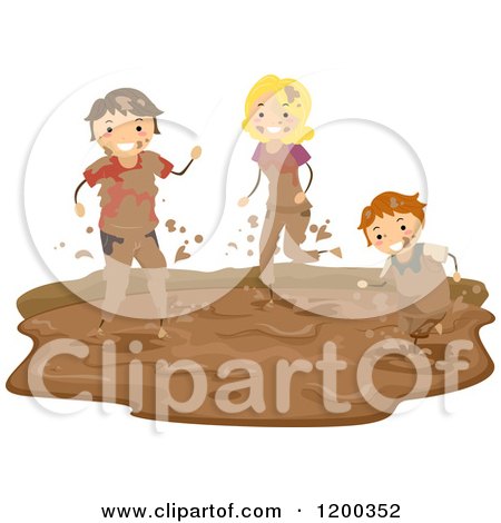 Cartoon of a Happy Boy and Parents Playing in a Mud Puddle - Royalty Free Vector Clipart by BNP Design Studio
