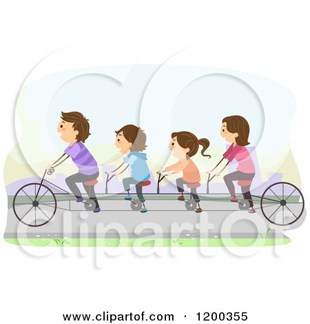Cartoon of a Happy Family Riding a Tandem Bicycle on a Path - Royalty Free Vector Clipart by BNP Design Studio