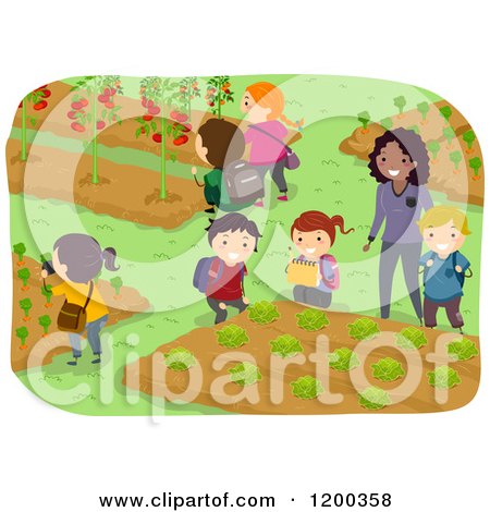 Cartoon of a Female Teacher and Happy Diverse School Children on a Vegetable Garden Field Trip - Royalty Free Vector Clipart by BNP Design Studio
