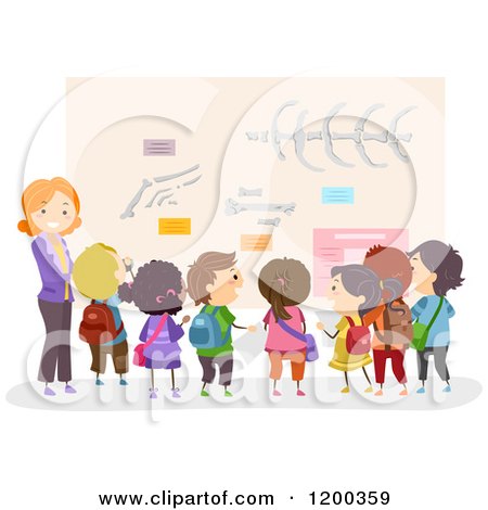 Cartoon of a Female Teacher and Happy Diverse School Children Viewing a Bone Display at a Museum - Royalty Free Vector Clipart by BNP Design Studio