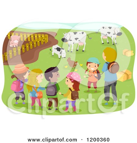Cartoon of a Male Teacher and Happy Diverse School Children Visiting a Farm - Royalty Free Vector Clipart by BNP Design Studio