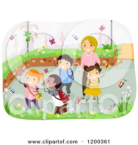 Cartoon of a Female Teacher and Happy Diverse School Children in a Butterfly Garden - Royalty Free Vector Clipart by BNP Design Studio