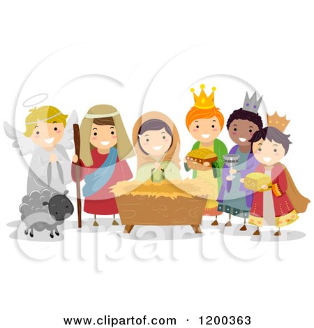 Cartoon of Diverse Children Acting out the Nativity Scene in a Play - Royalty Free Vector Clipart by BNP Design Studio