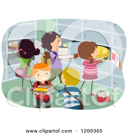 Cartoon of Happy Diverse Children Putting Items in Lockers - Royalty Free Vector Clipart by BNP Design Studio