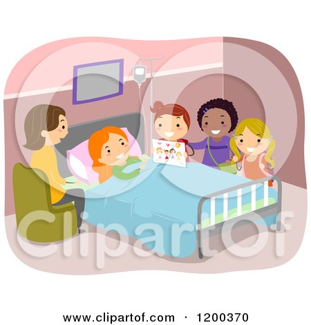 Cartoon of Diverse Girls Visiting a Sick Friend in the Hospital - Royalty Free Vector Clipart by BNP Design Studio