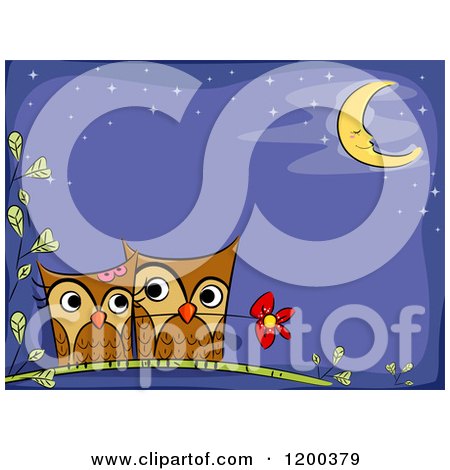 Cartoon of a Loving Owl Couple with a Flower Under a Crescent Moon with Text Space - Royalty Free Vector Clipart by BNP Design Studio