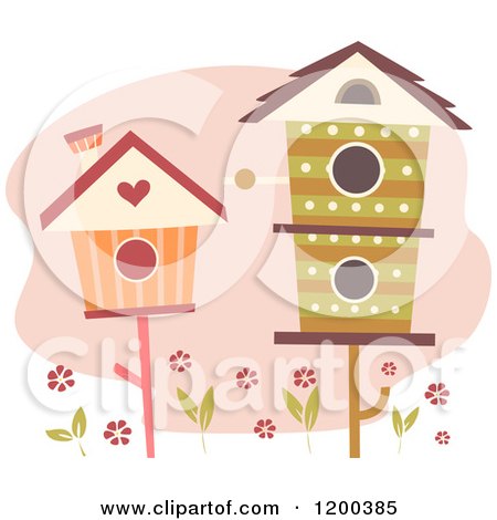 Cartoon of Cute Retro Bird Houses over Flowers and a Pink Cloud - Royalty Free Vector Clipart by BNP Design Studio