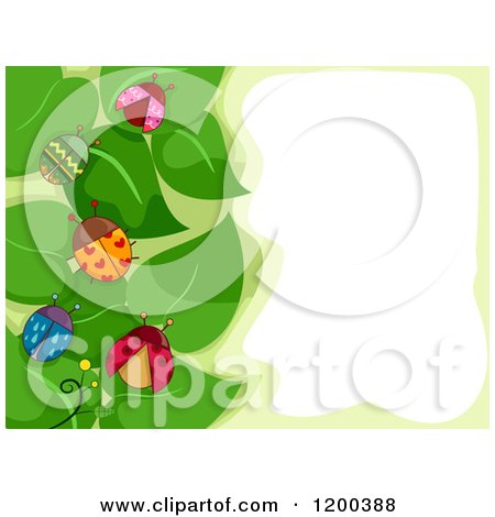 Cartoon of a Border of Patterned Ladybugs on Green Leaves Around Text Space - Royalty Free Vector Clipart by BNP Design Studio