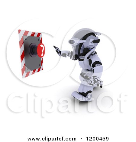 Clipart of a 3d Robot Reaching for a Question Mark Button - Royalty Free CGI Illustration by KJ Pargeter