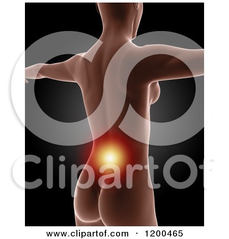 Clipart of a 3d Medical Female Model with Glowing Lower Back Pain, on Black 3 - Royalty Free CGI Illustration by KJ Pargeter