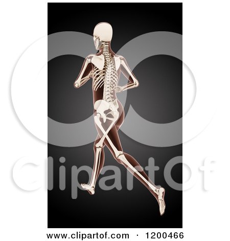 Clipart of a 3d Running Female Medical Model with Visible Skeleton on Black - Royalty Free CGI Illustration by KJ Pargeter
