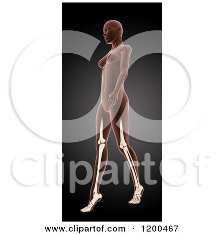 Clipart of a 3d Walking Female Medical Model with Visible Leg Bones on Black - Royalty Free CGI Illustration by KJ Pargeter
