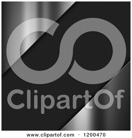 Clipart of 3d Diagonal Black Hexagon Patterned Mesh and Silver Corners - Royalty Free CGI Illustration by KJ Pargeter