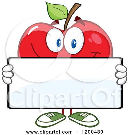 Cartoon of a Red Apple Holding a Sign Board - Royalty Free Vector Clipart by Hit Toon