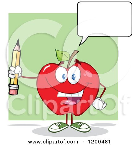 Cartoon of a Happy Talking Red Apple Holding a Pencil - Royalty Free Vector Clipart by Hit Toon