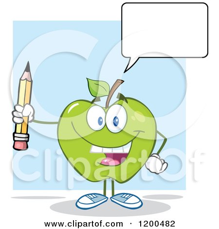 Cartoon of a Happy Talking Green Apple Holding a Pencil - Royalty Free Vector Clipart by Hit Toon