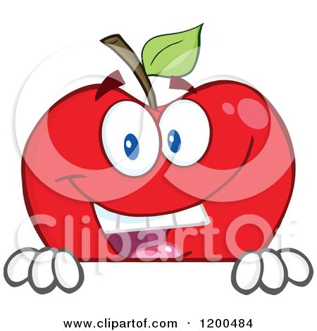 Cartoon of a Smiling Red Apple over a Sign or Ledge - Royalty Free Vector Clipart by Hit Toon