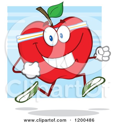 Cartoon of a Healthy Fit Red Apple Jogging over Blue - Royalty Free Vector Clipart by Hit Toon